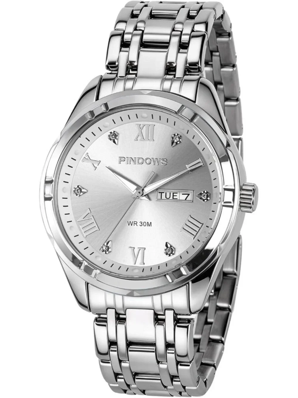 Men's Silvery Classic Quartz Watch Stainless Steel Diamond Dial Wrist Watches